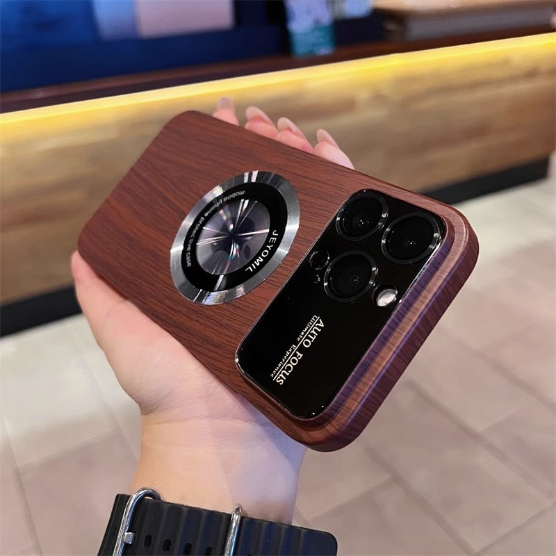 Wood Grain Large Window Magnetic Case For iPhone